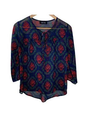 fab’rik Women Small Sheer Boho Peasant Blouse Blue Red Green Lightweight Top